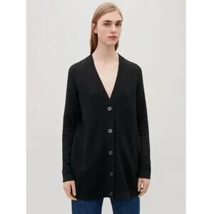 COS Long Cardigan Sweater Black Button Front V-Neck Textured Sz L Women's‎